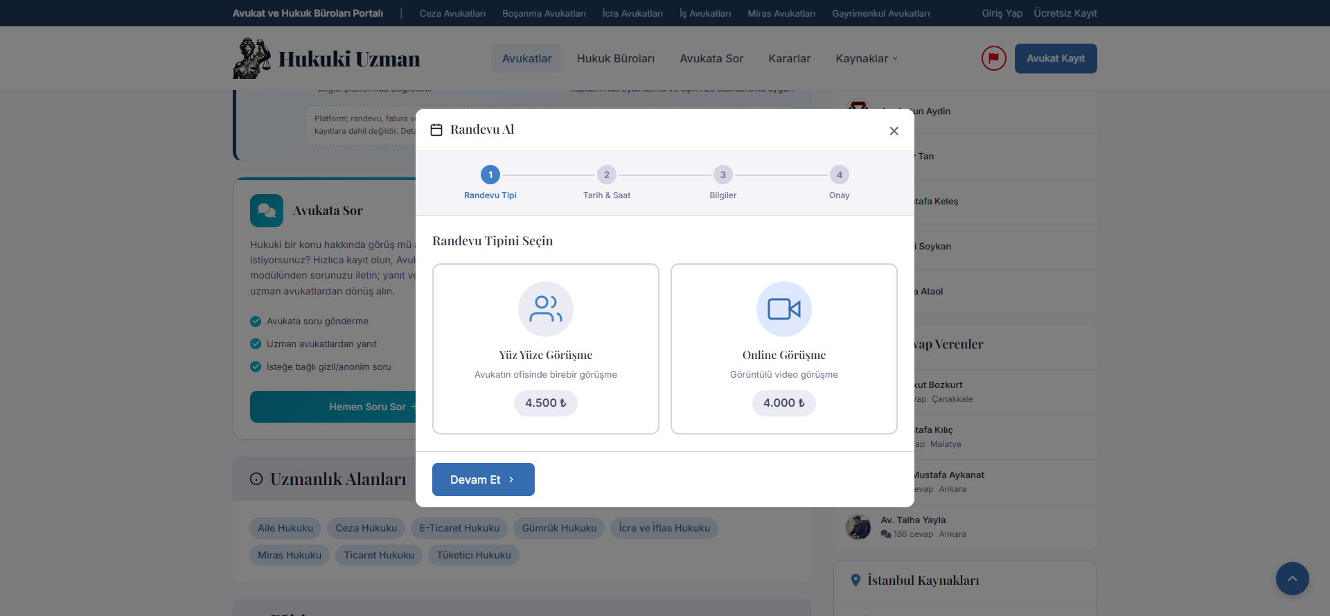 Randevu tipi seçimi — Yüz Yüze ve Online seçenekleri
