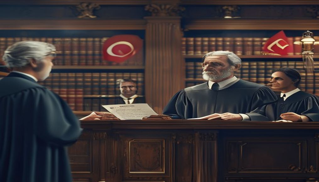 Mahkeme salonunda ad değişikliği davası görülen bir kişi ve hakim.