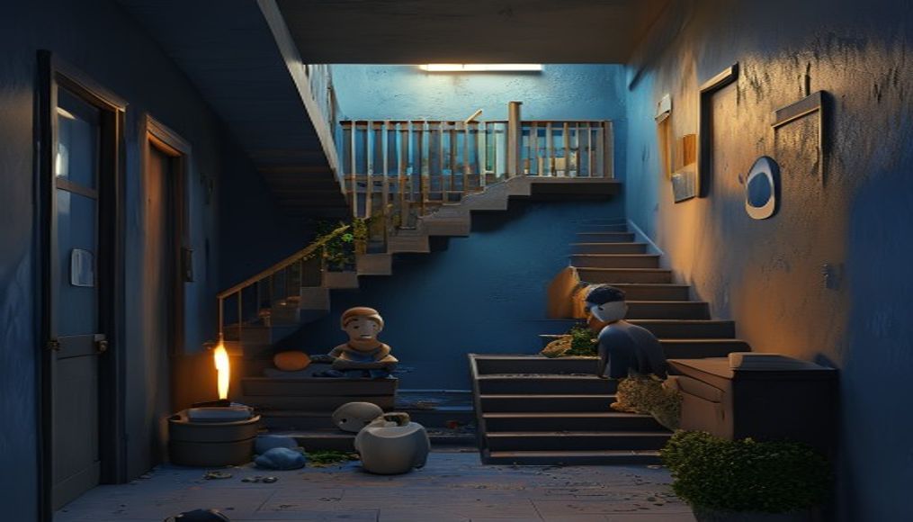 Apartmanda ortak alanların yangın güvenliği risklerini gösteren bir sahne