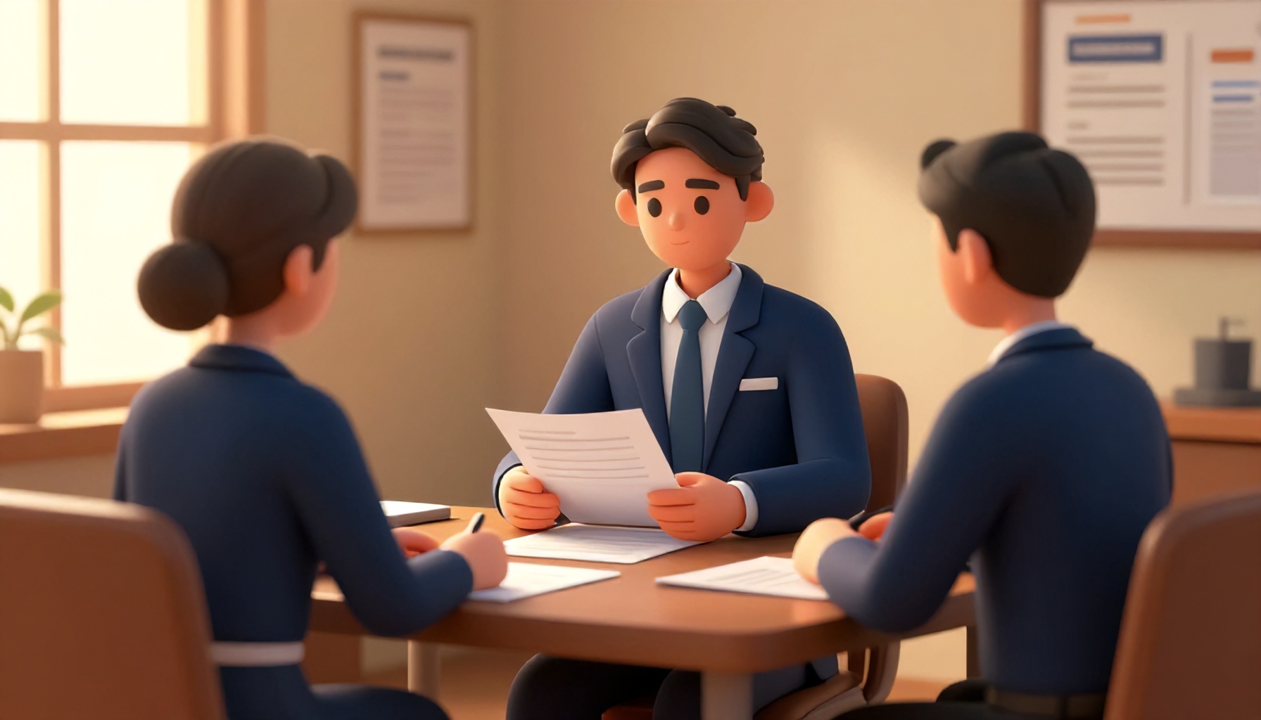 Cinematic editorial 3D illustration of a Turkish legal office scene with people in discussion, no text or screens.