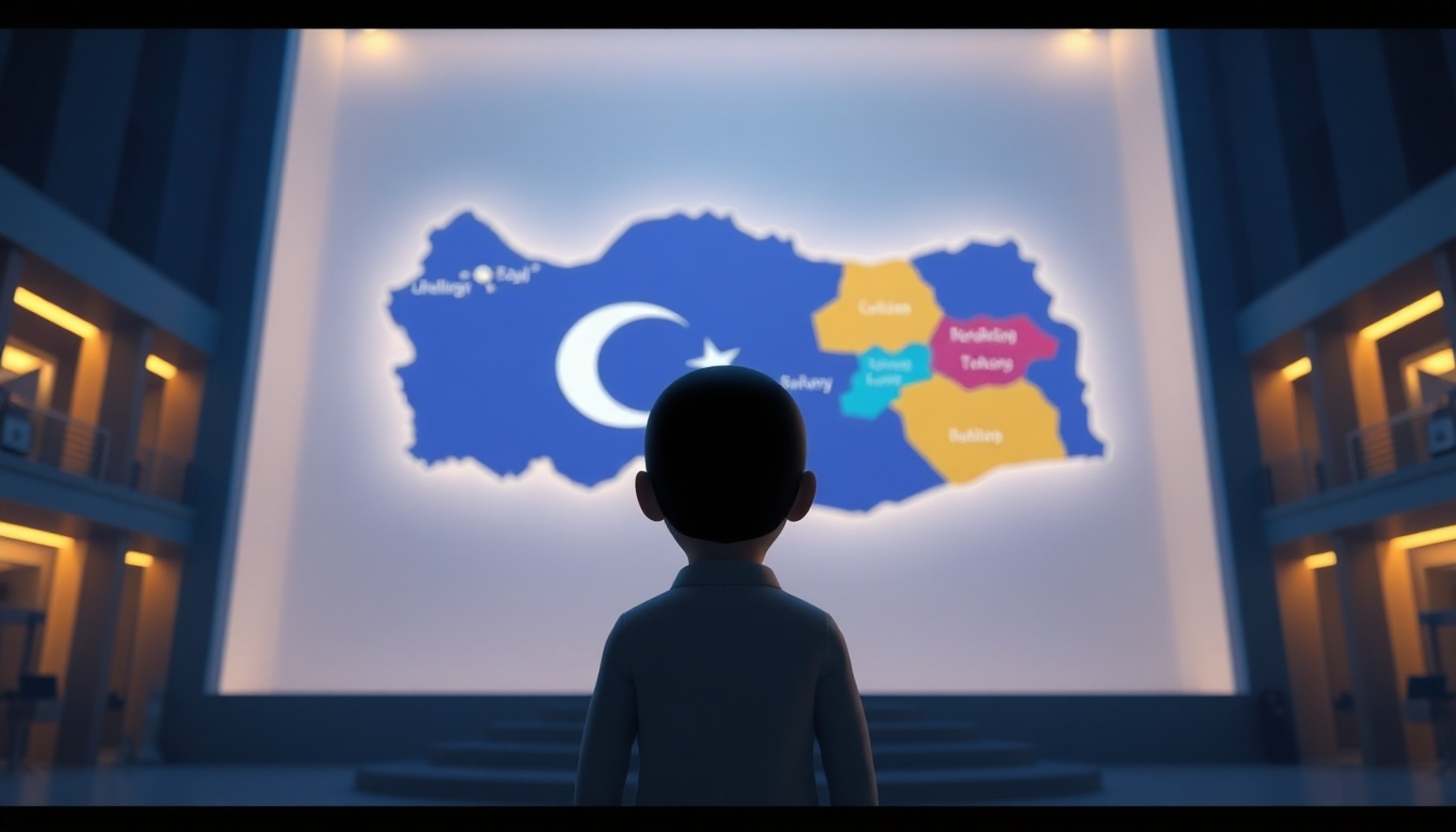 Türkiye haritası önünde zorunlu arabuluculuk kapsamını gösteren karakter, parlak modern iç mekan