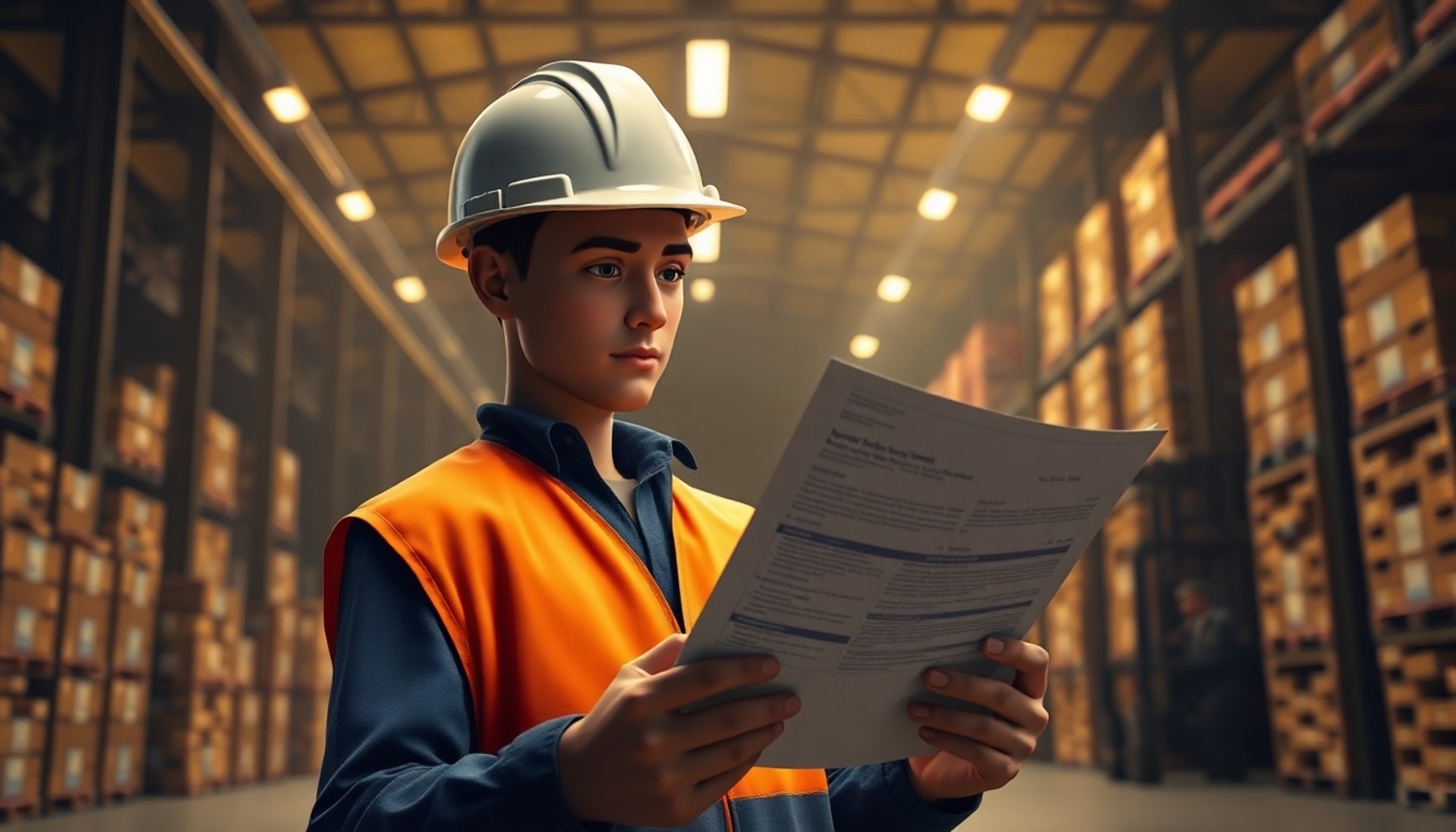 Depo işçisi sevk belgelerini fabrika içinde incelerken