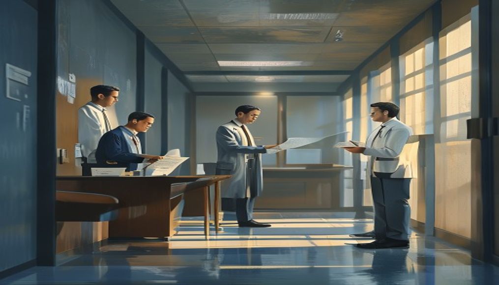 Hukuki bir ofis ortamında, genç bir vatandaş elverişsizlik raporunu yetkiliye teslim ediyor.