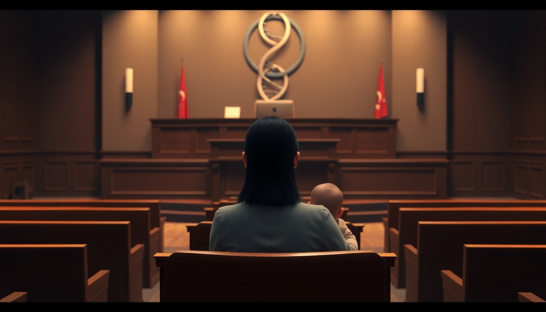 Babalık davası — annesi çocuğuyla aile mahkemesi salonunda oturuyor
