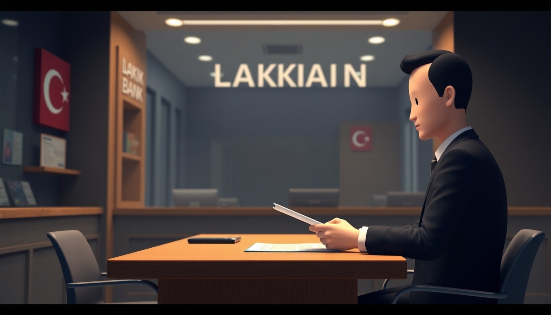 Banka şubesinde müşteri ve görevli arasında kredi sözleşmesi imzalama anı, müşteri belgeye şüpheyle bakıyor