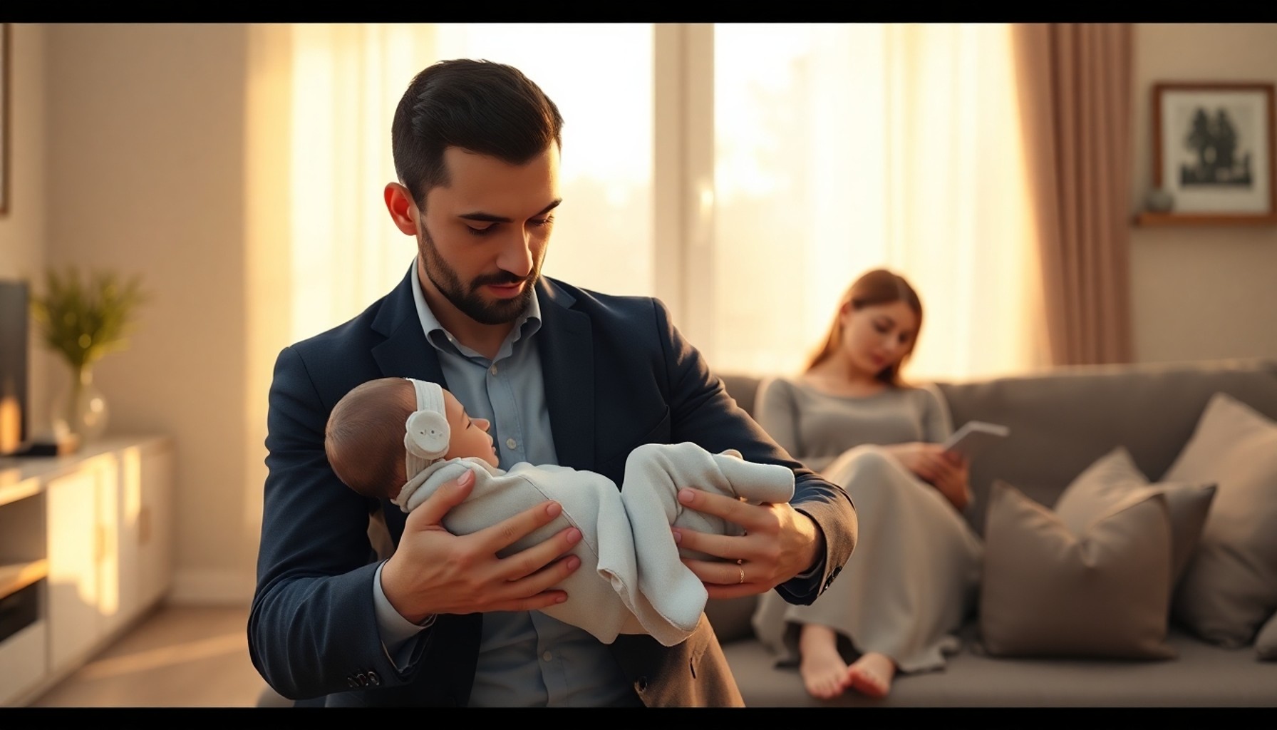Yeni baba evde bebeğini kucaklarken anne arka planda dinleniyor