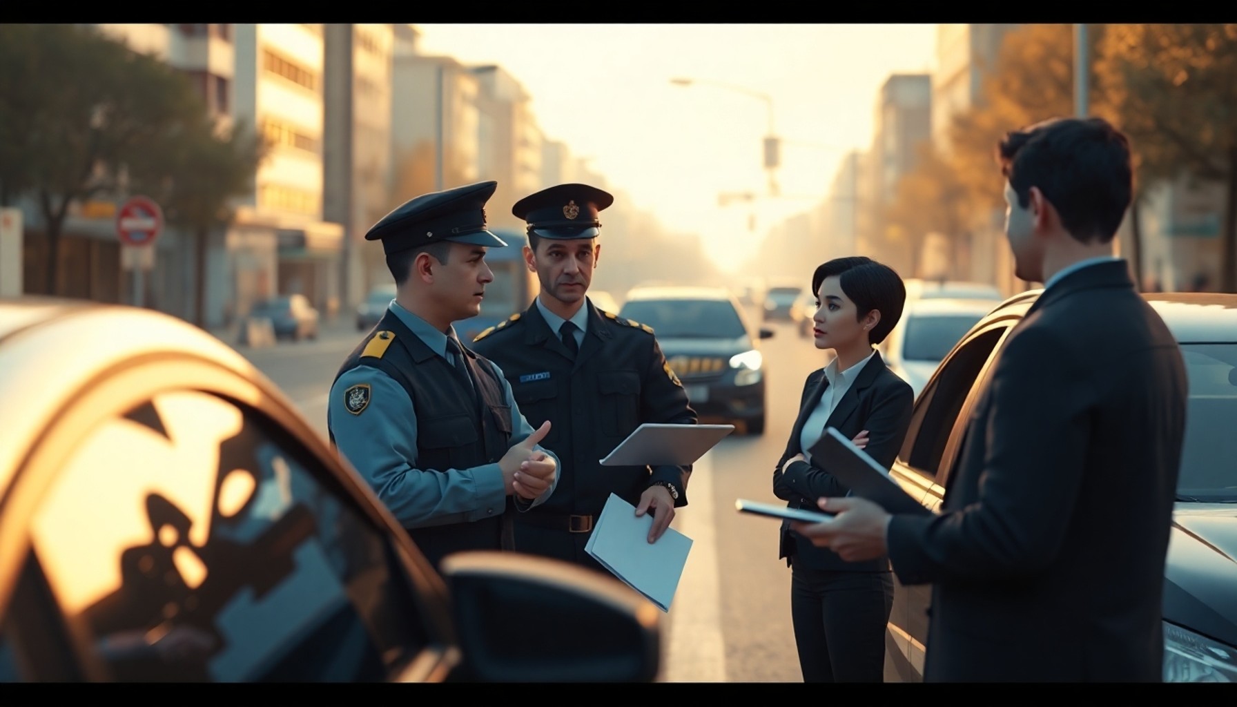 Trafik polisi kaza yerinde sürücülerle konuşuyor