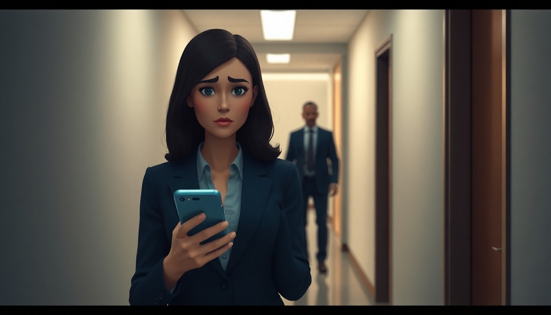 İşyerinde cinsel taciz — endişeli kadın çalışan elinde mesajlı telefon, ofis koridoru