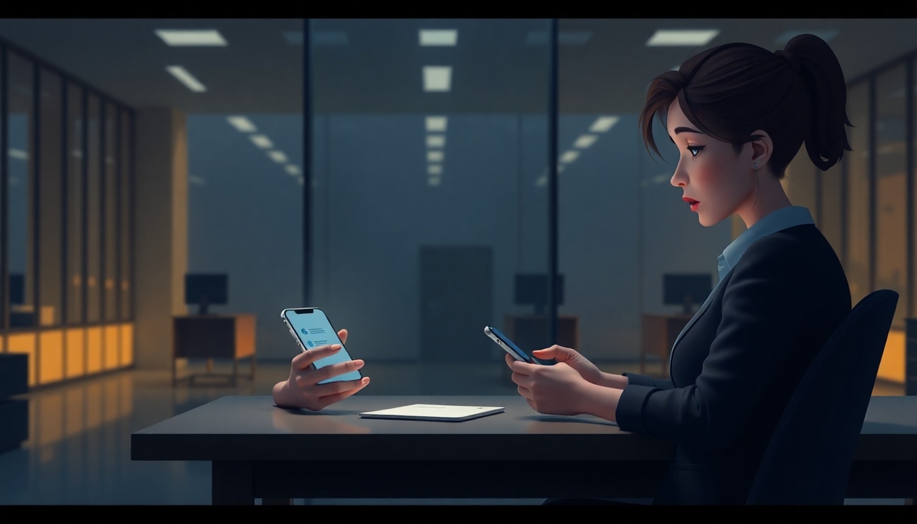 Geç saatte ofiste telefon ekranına bakan endişeli kadın çalışan