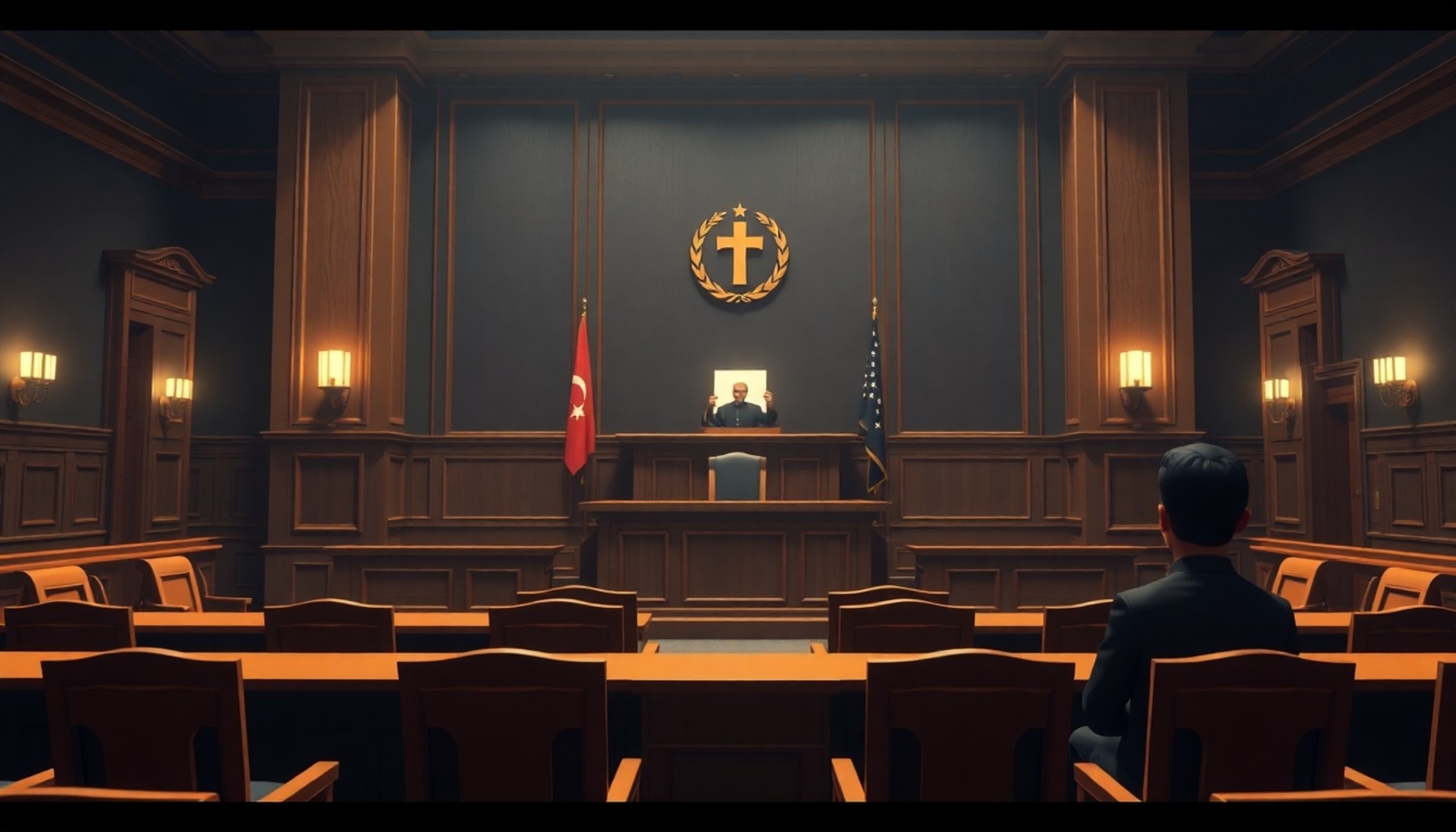 Türk mahkeme salonu içi, yargıç kürsüsü ve karar belgesi illüstrasyonu