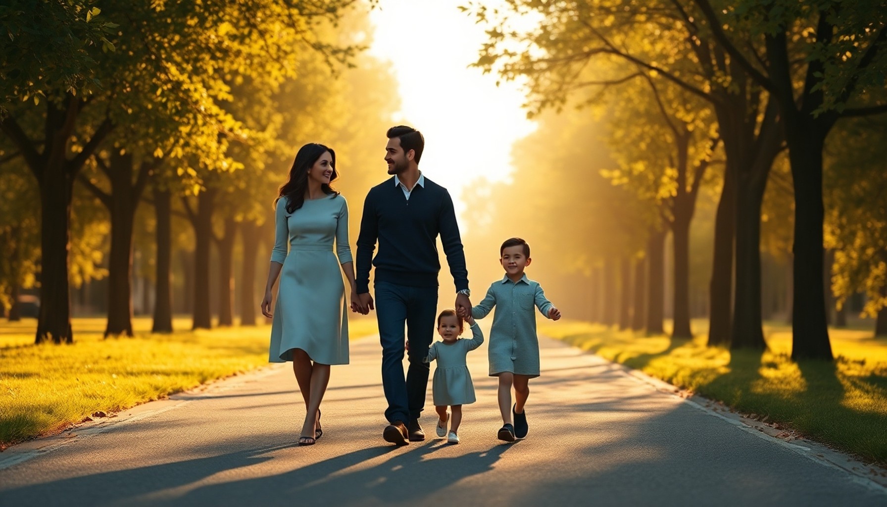 Anne, üvey baba ve çocuk parkta yürüyor, yeni aile düzeni