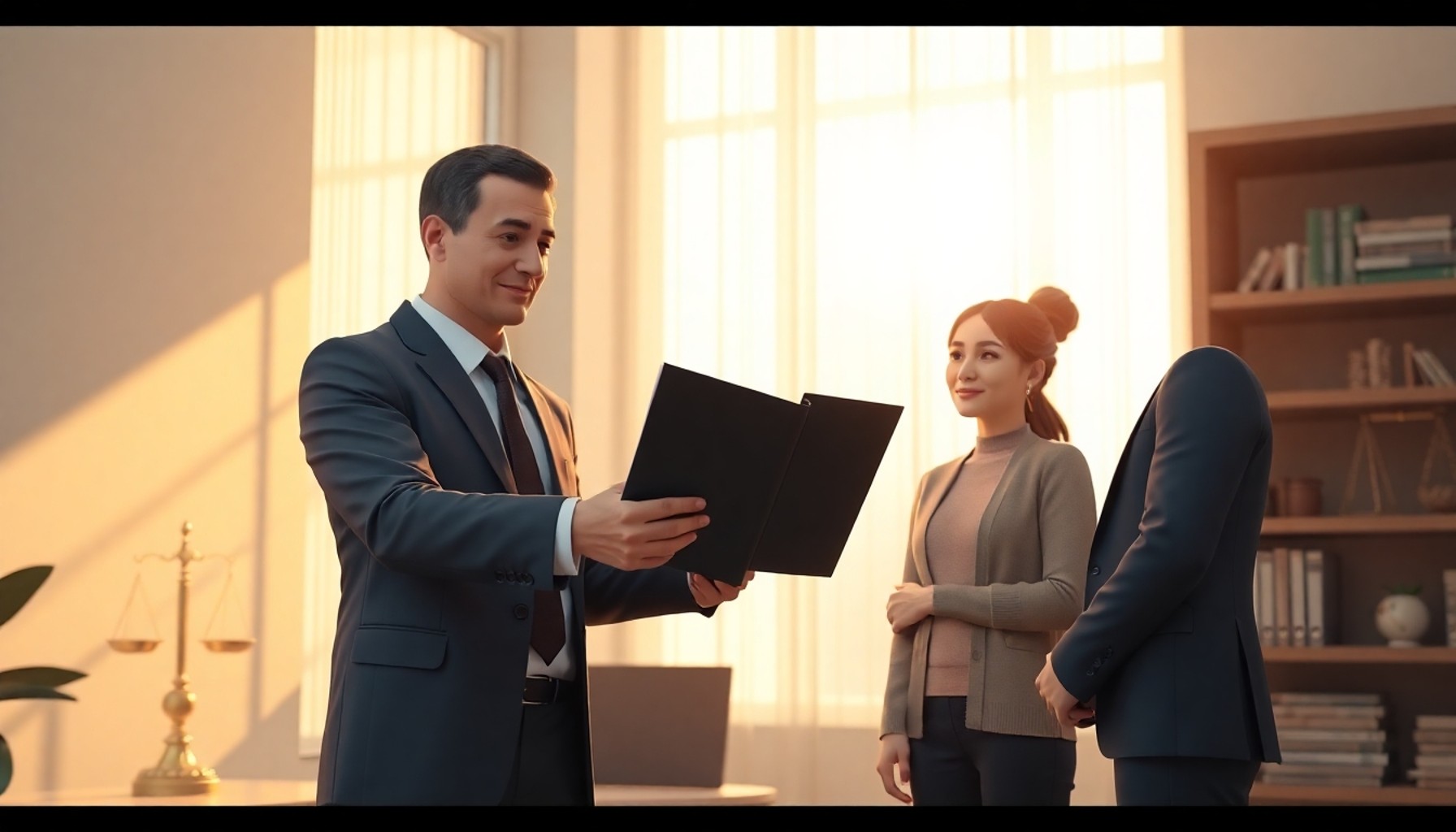 Avukatın mutlu aileye imzalı dosya verdiği ofis sahnesi