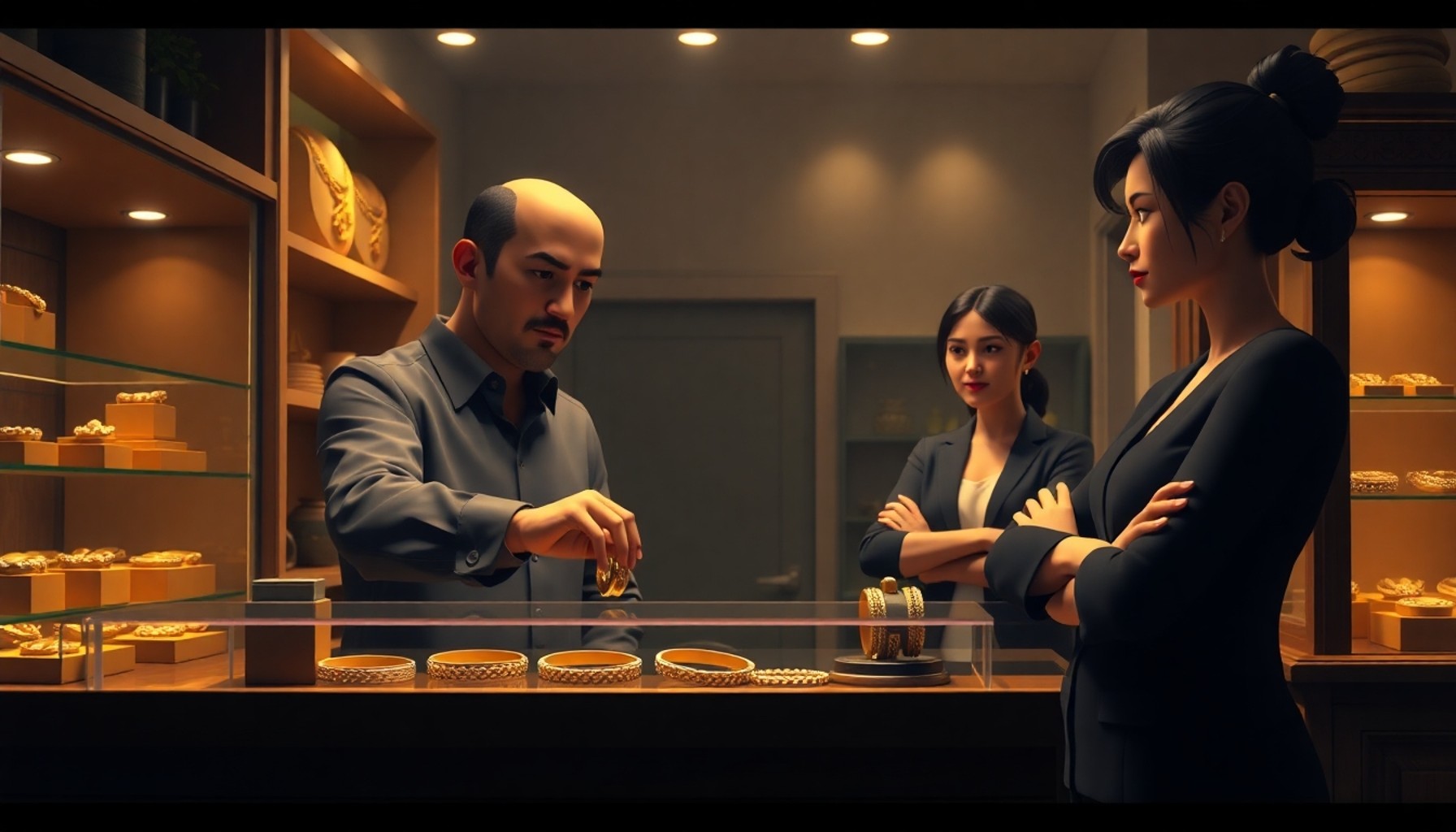 Kuyumcu dükkanında bir adam bileziği tezgaha sürerken kadın rahatsız bir ifadeyle yanında duruyor