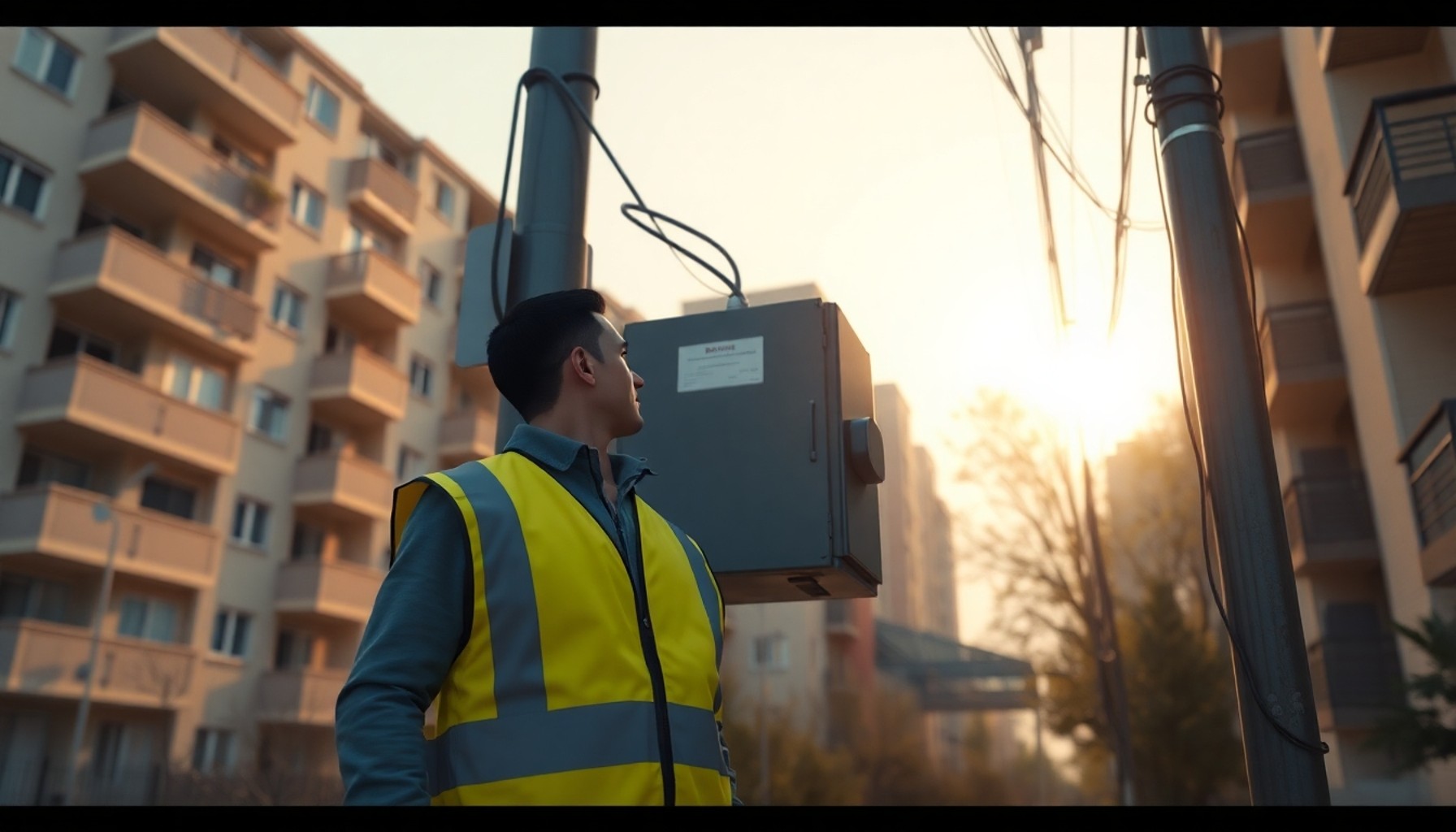 Elektrikçi teknisyen sokaktaki trafoyu incelerken arkada apartman binaları