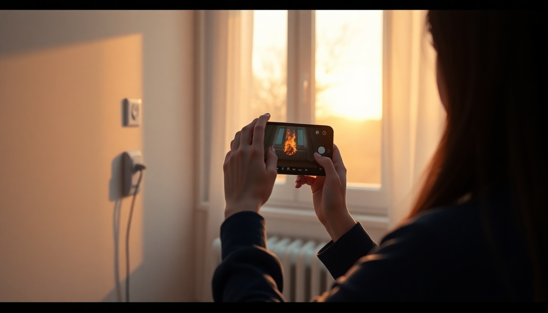 Kadın elindeki telefonla bozulan prizi ve cihazı fotoğraflıyor