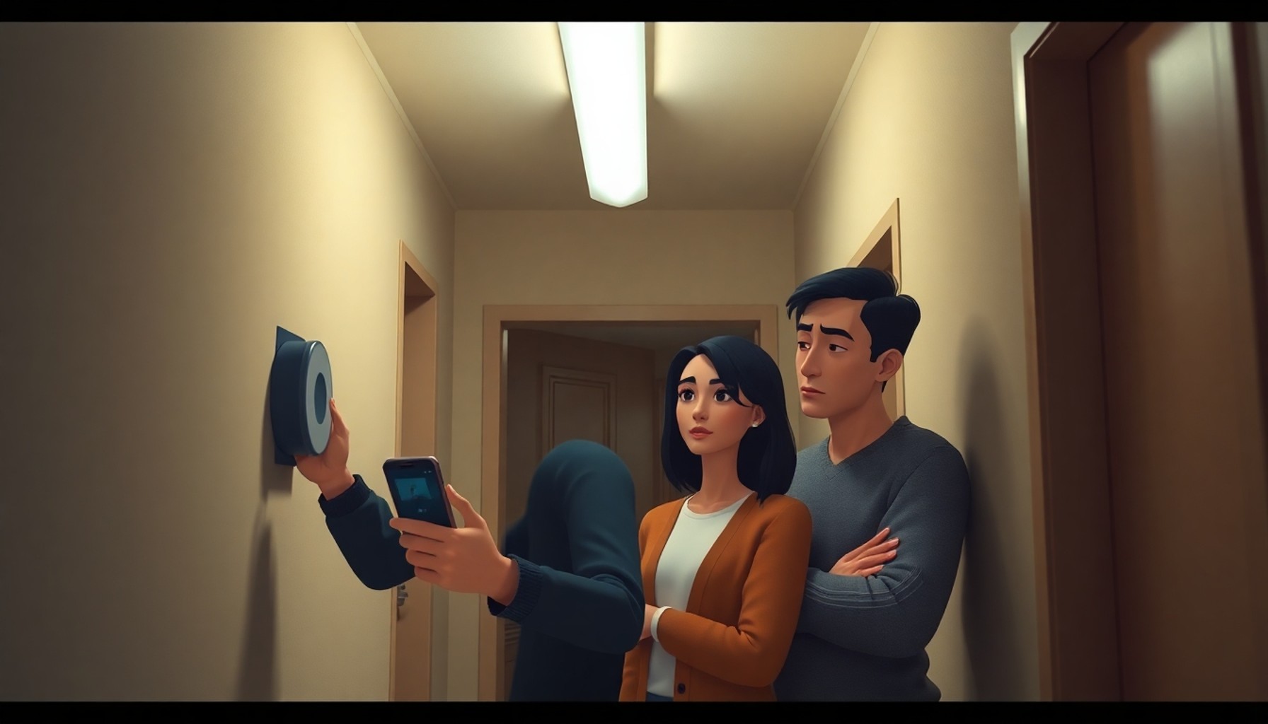 Apartman koridorunda elektrik sayacını inceleyen çift, biri telefonla fotoğraf çekiyor