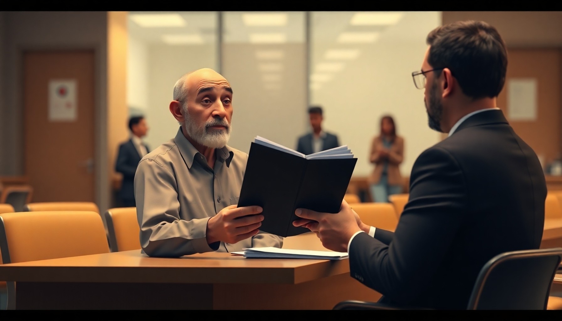Yaşlı bir adam belediye gişesinde kalın dosyayla iade başvurusu yapıyor
