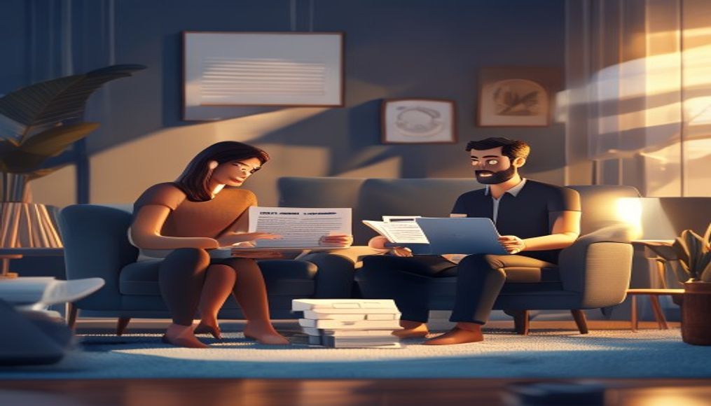 Eşlerin finansal sorumluluklarını tartıştığı bir oturma odası sahnesi.