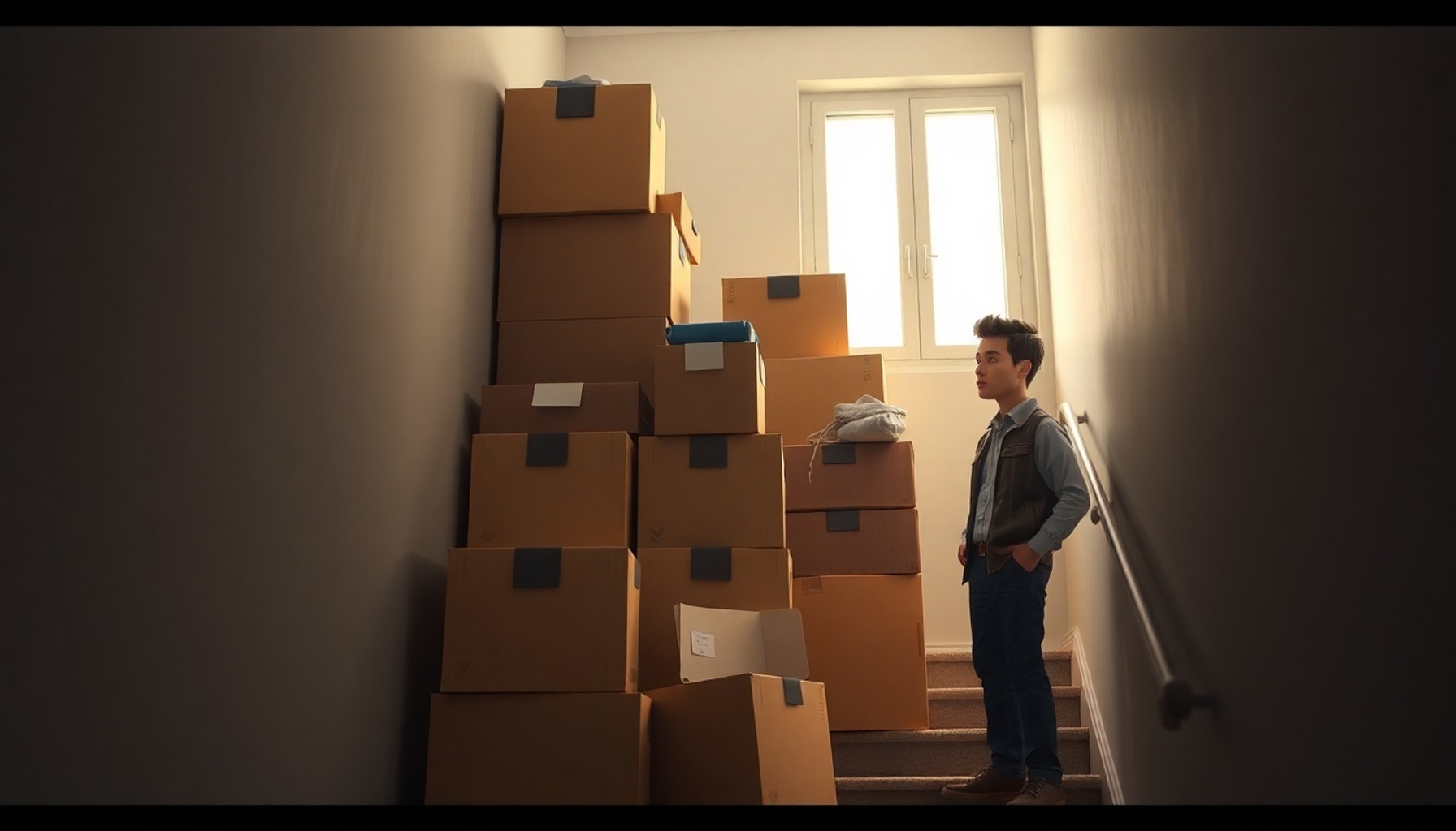 Apartman merdiveninde istiflenmiş eşyalar ve düşünceli bir kişi