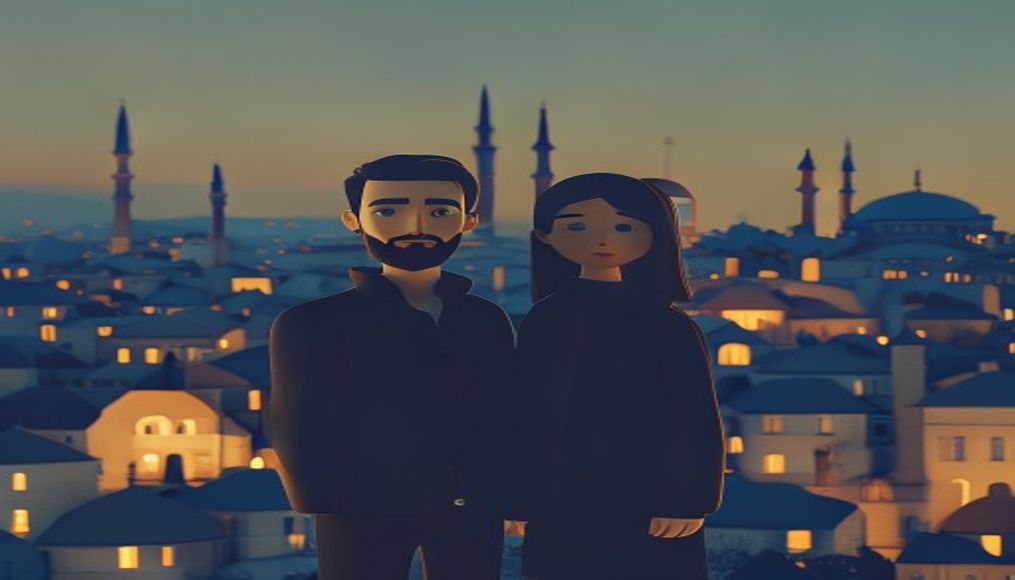 Türk çifti İstanbul şehir manzarası önünde