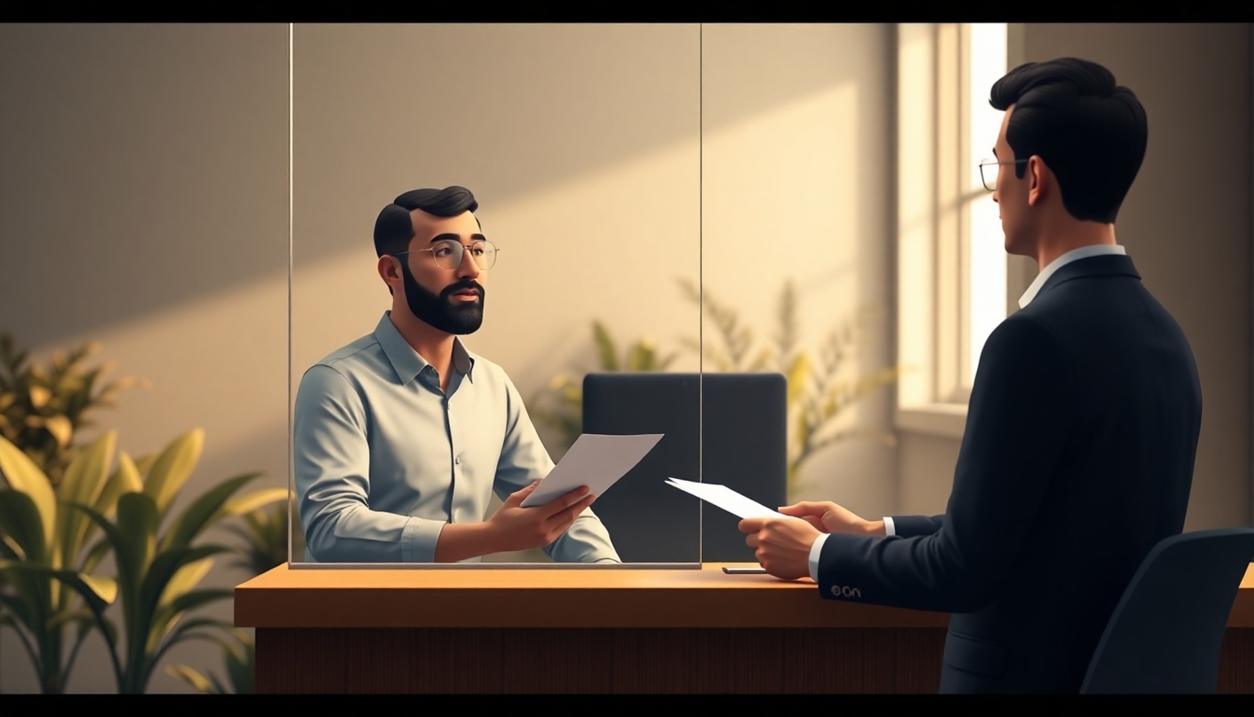 Orta yaşlı bir adam GSS prim yapılandırması için SGK penceresinde form teslim ediyor