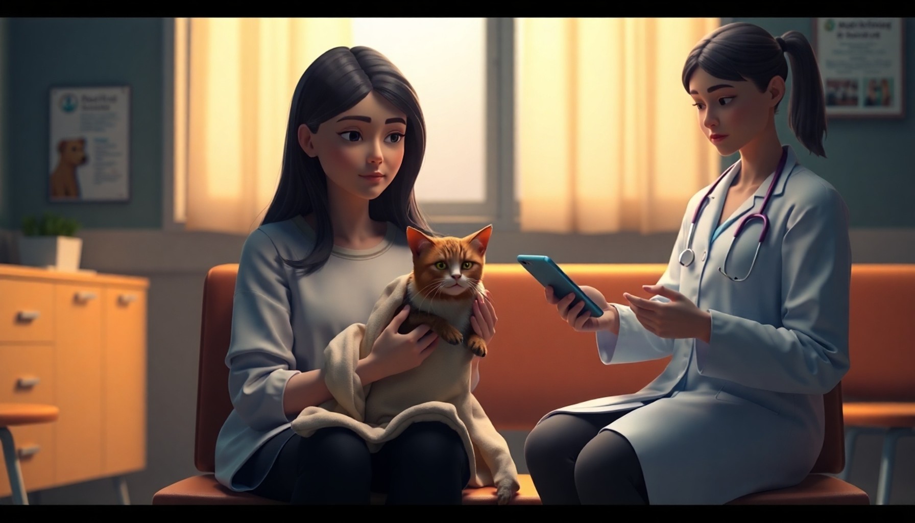Veteriner kliniğinde yaralı kediyle bekleyen kadın ve delil toplama süreci