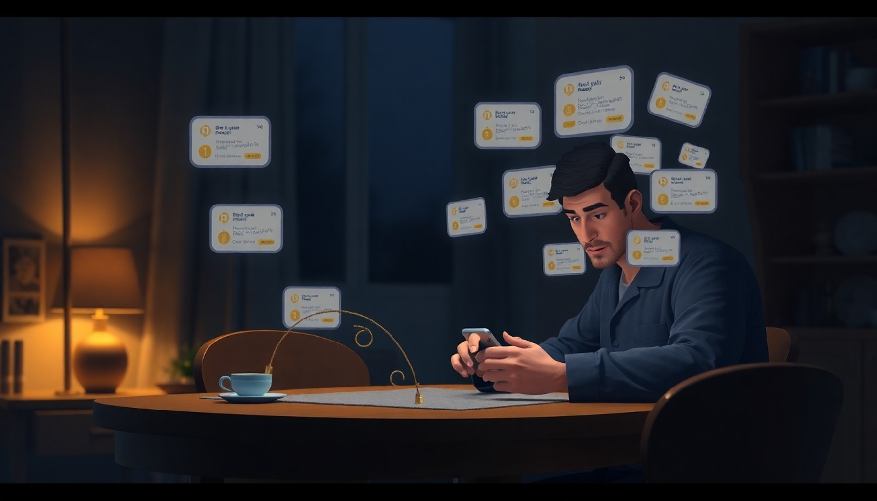 Gece telefon bildirimlerine bakan adam — hesap dolandırıcılığı