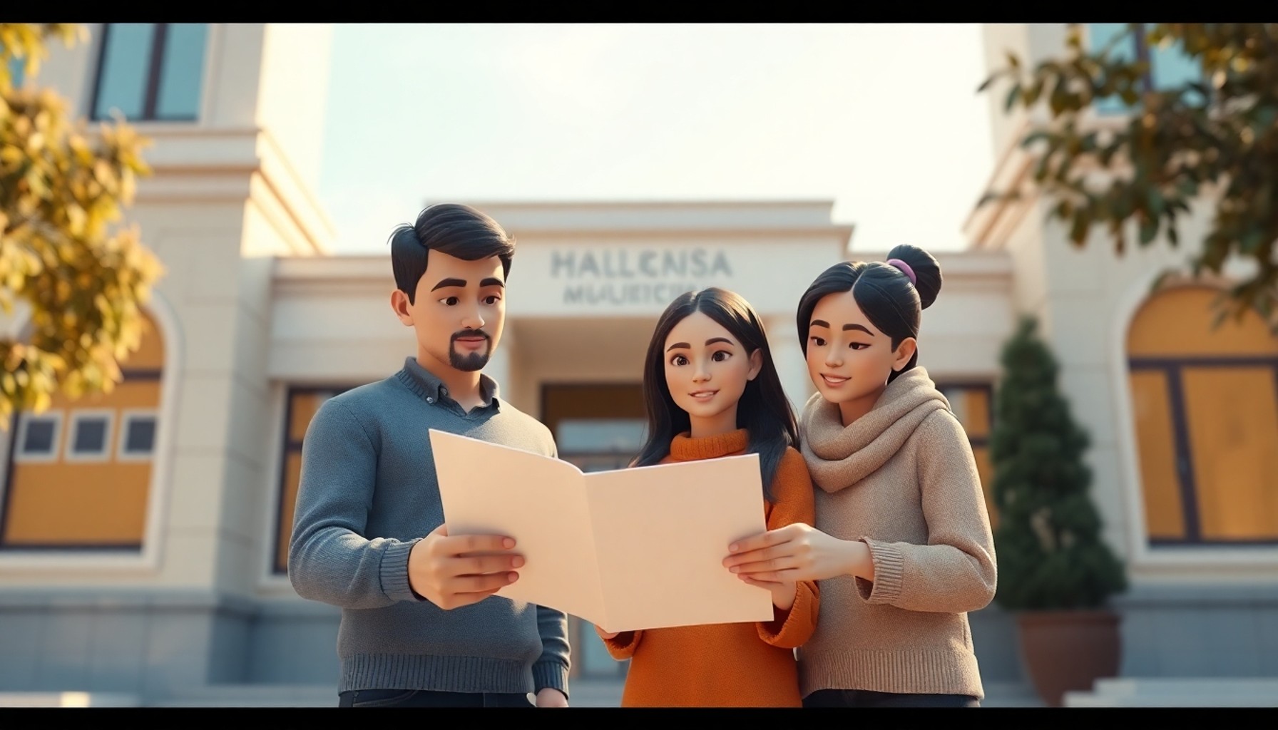 Aile belediye binası önünde tapu belgesini birlikte inceliyor