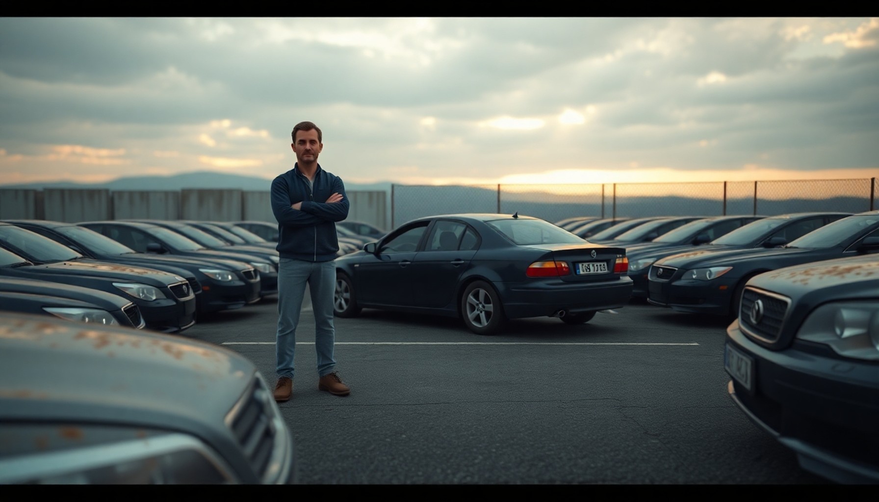 Yakalama otoparkında ihaleye çıkan arabayı inceleyen adam, çevrede başka araçlar dizili