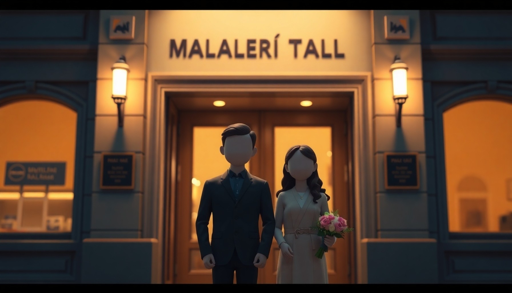 Belediye nikah salonu önünde resmi nikah için gelen çift illüstrasyonu