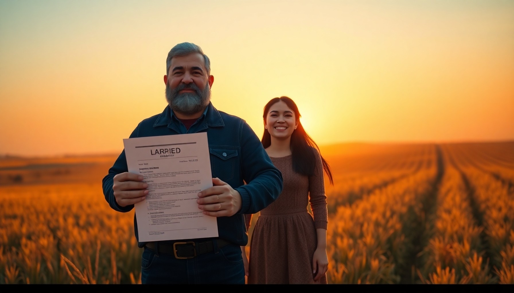 Çiftçi ve kızı gün batımında elinde tapu belgesiyle tarlasının önünde mutlu bir şekilde duruyor