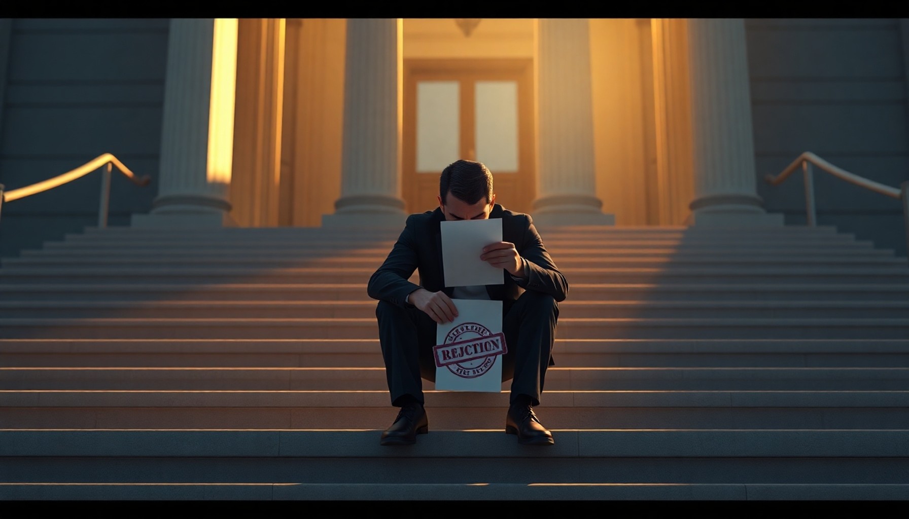 Adliye basamaklarında reddedilen başvuru kağıdıyla oturan hayal kırıklığına uğramış vatandaş