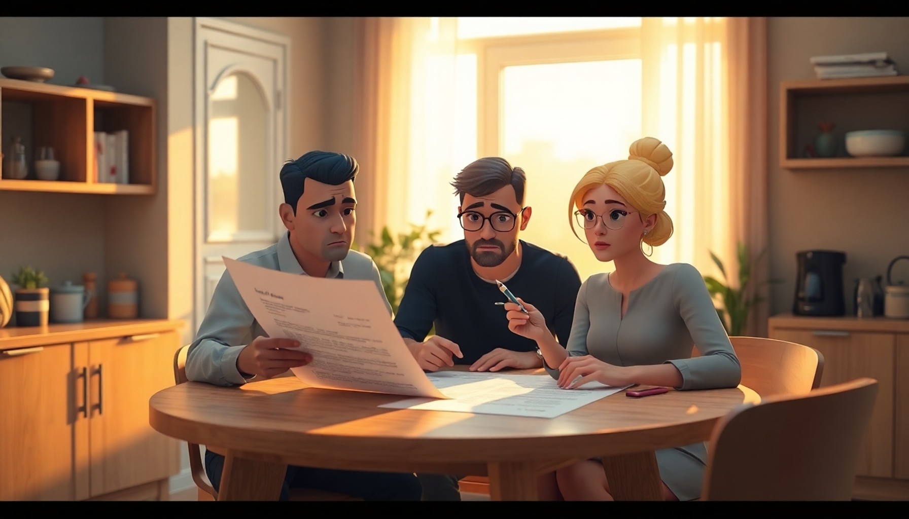 Kiracı çift mutfak masasında aidat döküm belgesini incelerken endişeli ifadeler