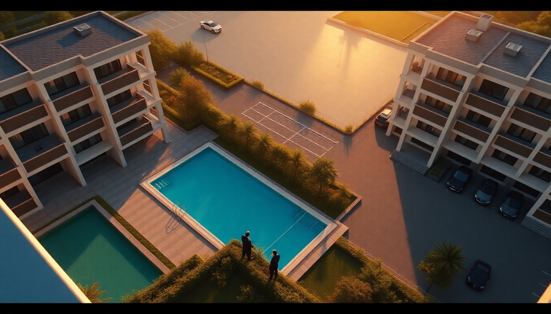 Türkiye'de modern rezidans sitesi havuz ve bahçe üstten görünüm iki figür konuşuyor