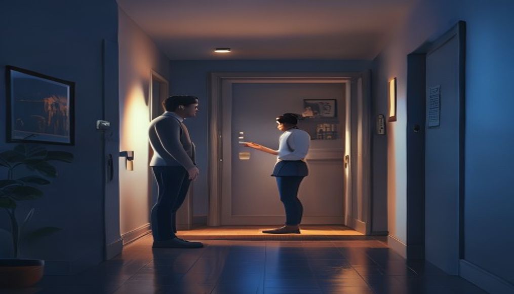 Bir kiracı, ev sahibinin satılık evi gösterdiği sahneyi izlerken, modern bir ofis ortamında tasvir edilmiştir.