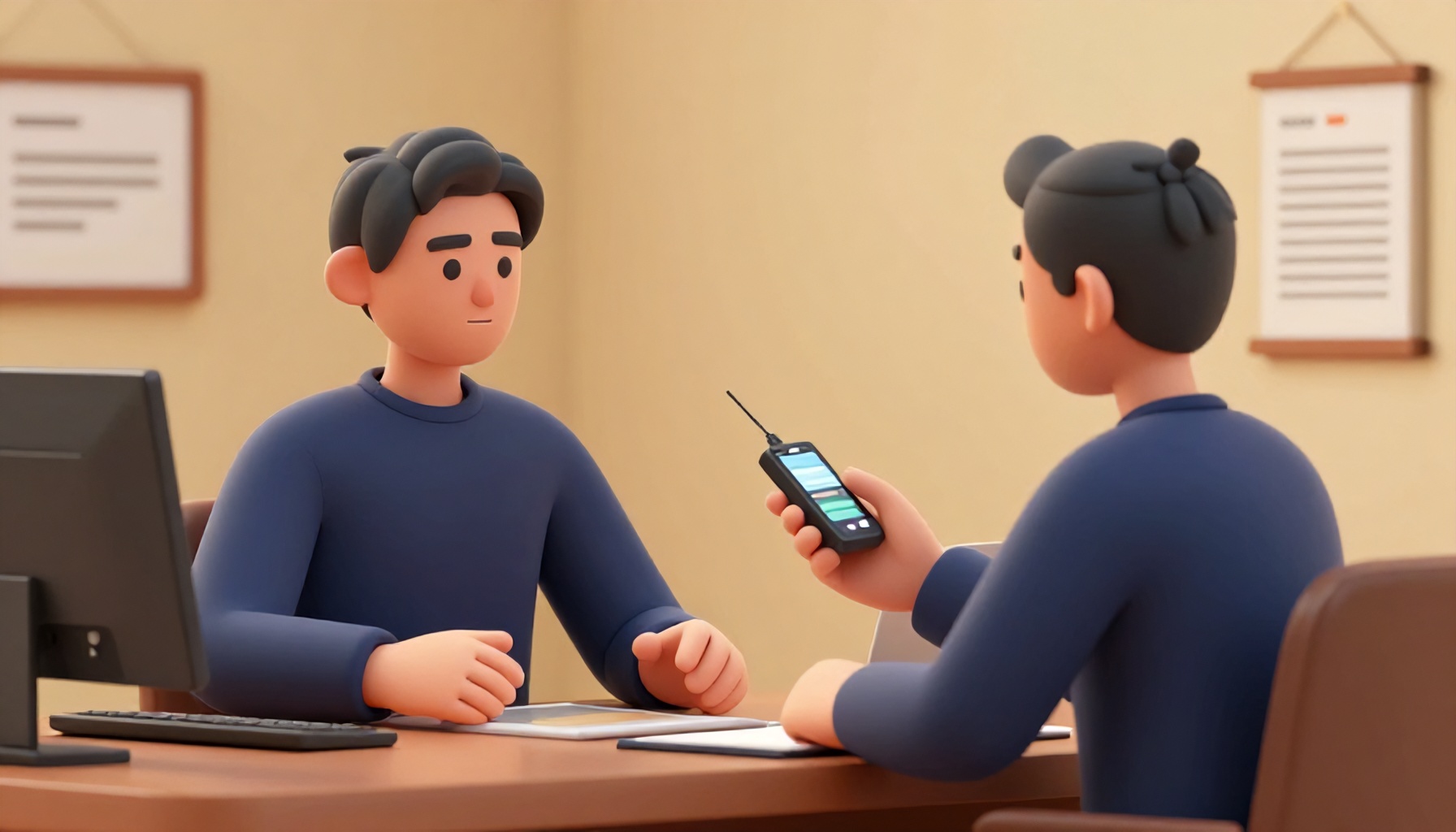Hukuk web sitesi için sinematik editoryal 3D illüstrasyon: sade, yüzü belirgin olmayan 3D figürler, doğal ışık alan bir adliye koridorunda ciddi bir tartışma içinde.
