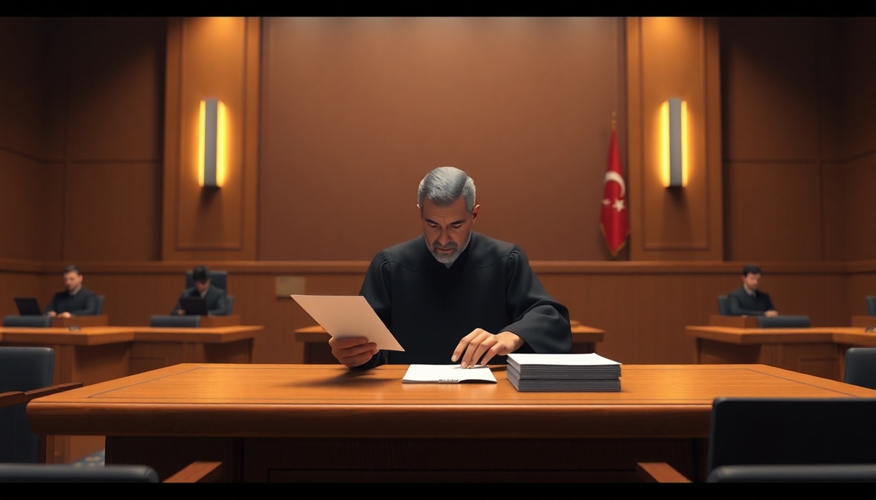 Türk mahkeme salonunda evrakları inceleyen hakim