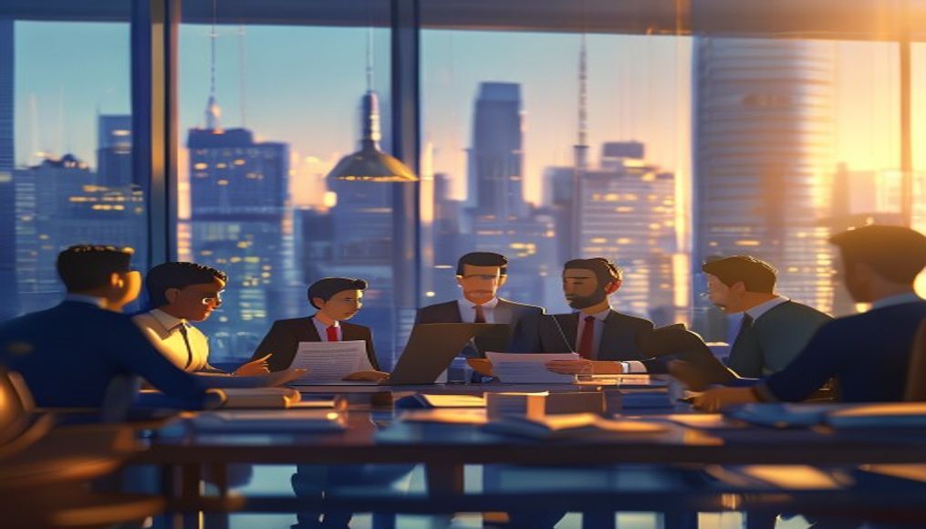 İşveren ve çalışanların bulunduğu bir ofis sahnesi