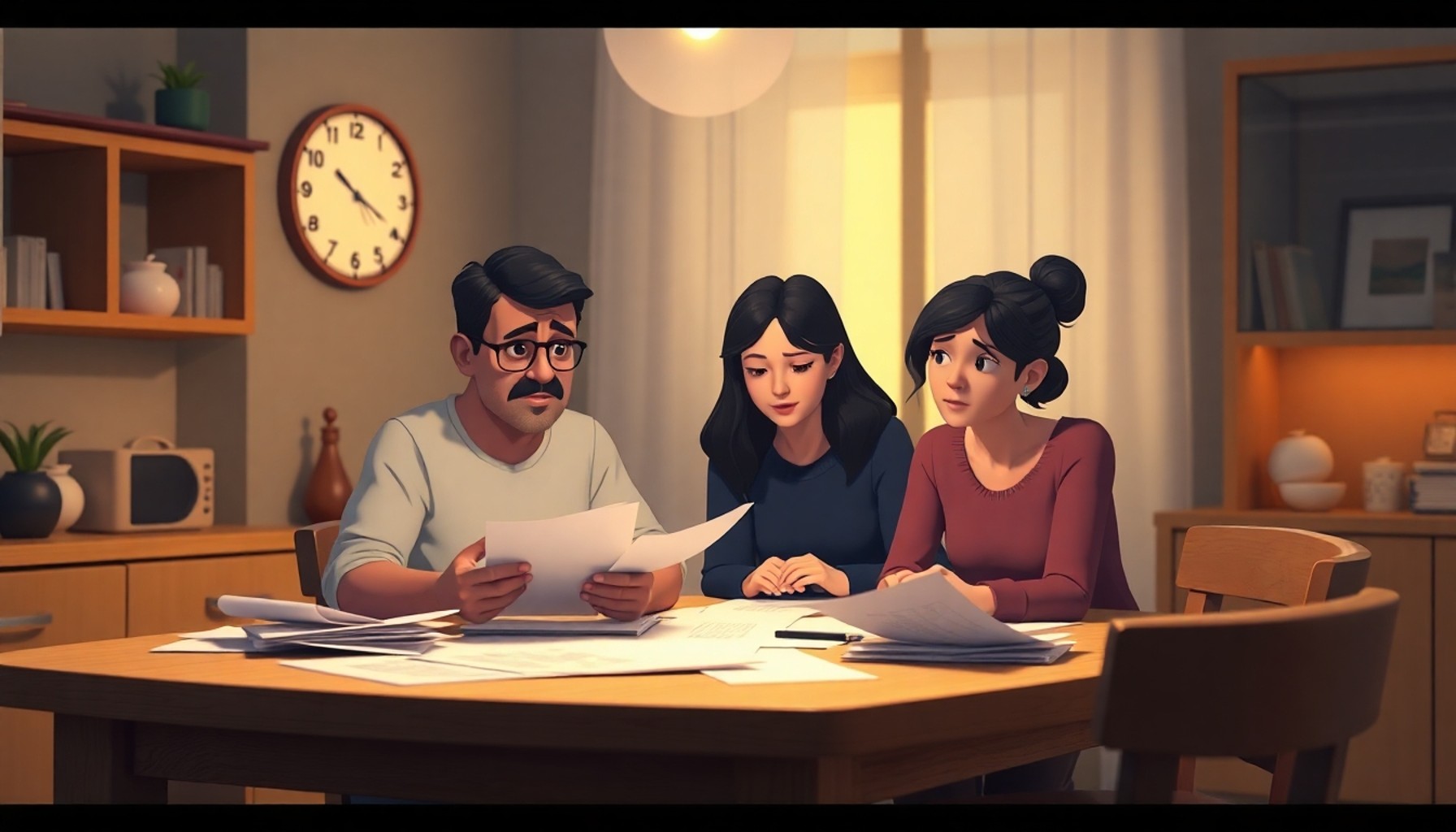 Hukuki süreçte bunalmış ebeveyn masa başında ailesiyle konuşuyor