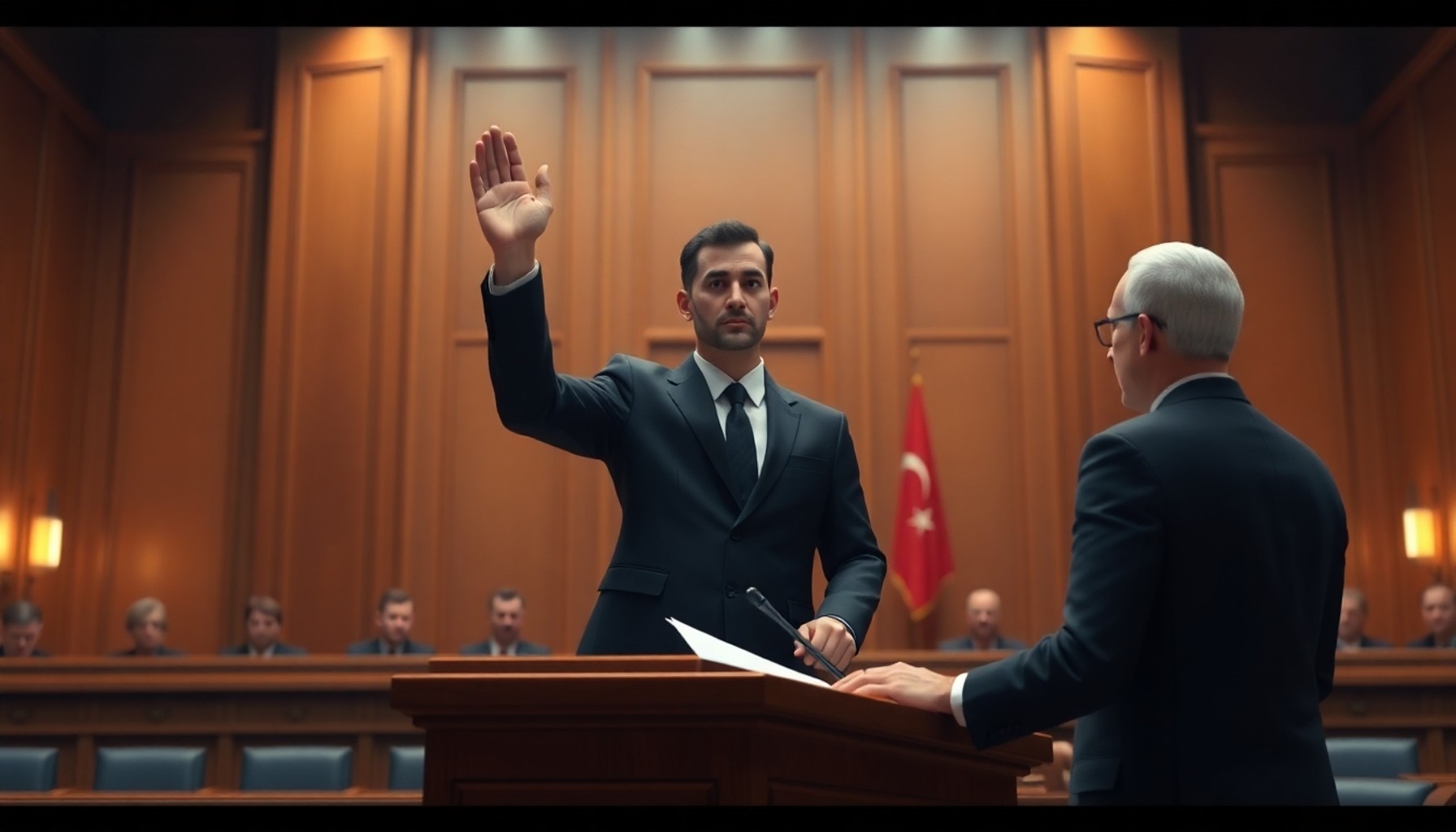 Türk mahkemesinde tanık kürsüsünde yemin eden erkek tanık
