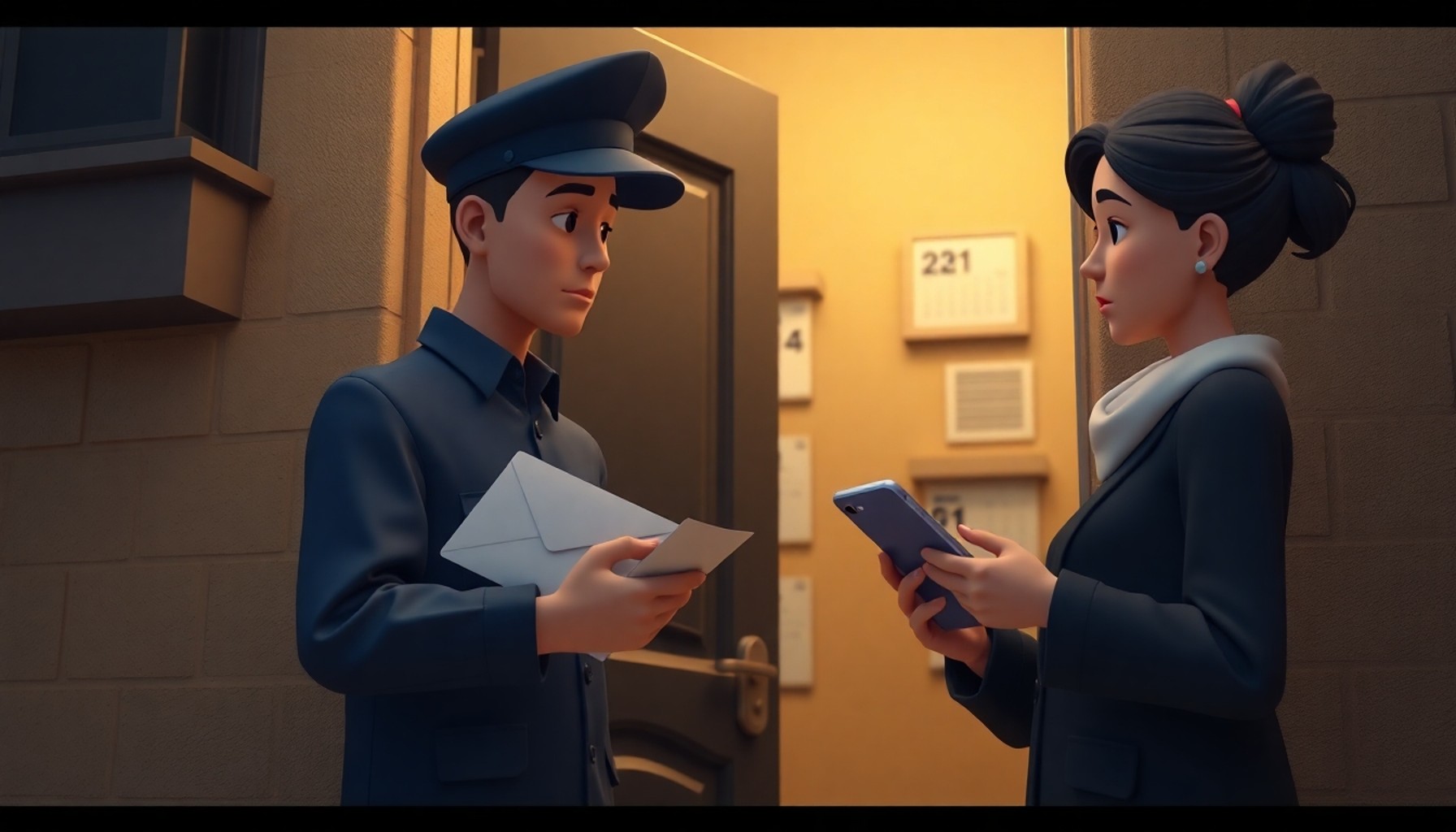 Tebligat zarfı teslim alırken takvimi kontrol eden endişeli kadın