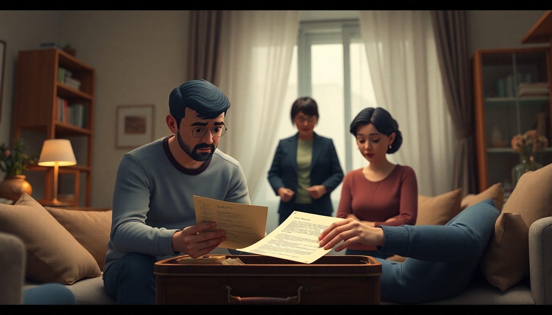 Bavuldan çıkan el yazılı vasiyetnameyi okuyan şaşkın aile ve arka planda duran bakıcı