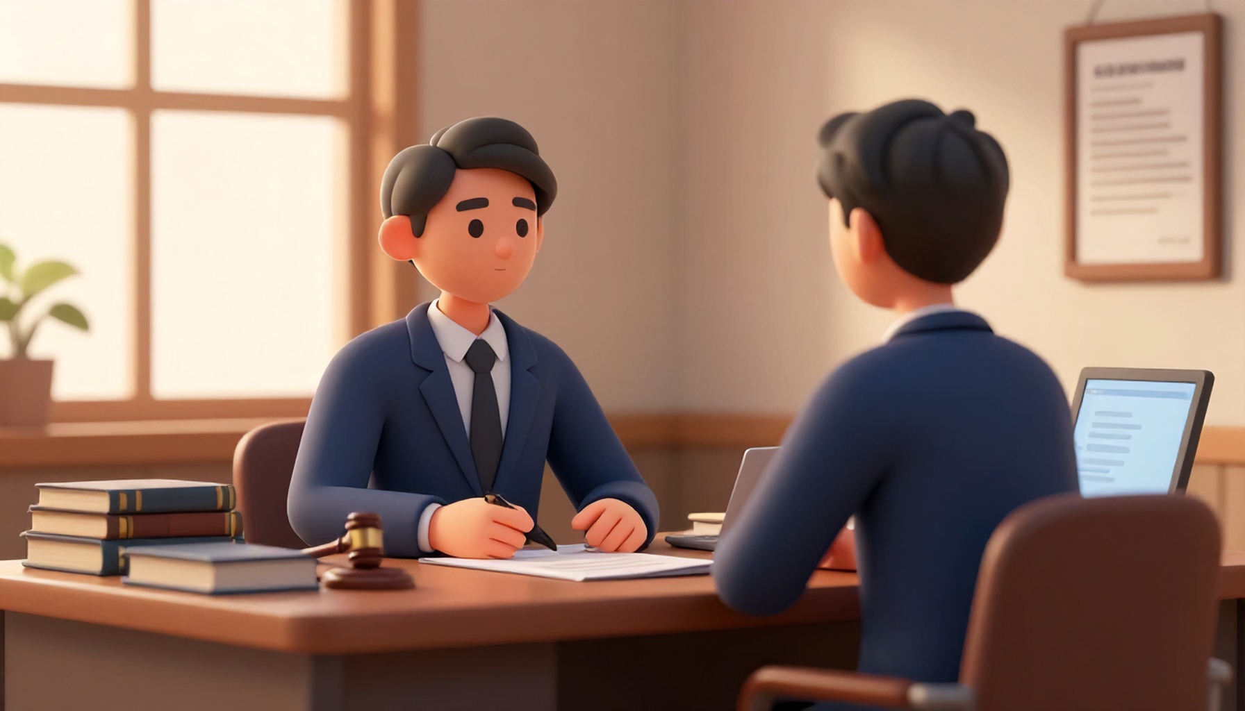 Sinema tarzı editoryal 3D illüstrasyon, hukuk web sitesi için: modern bir adliye lobisinde ciddi bir tartışma yapan özellikleri minimal, stilize edilmiş 3D karakterler. Doğal ışık alan büyük pencereler ve yüksek sütunlar arasında dosya tutan ve düşünceli hareketler yapan kişiler. Atmosfer profesyonel ve odaklanmış, lacivert ve sıcak altın paleti, yumuşak hacimsel aydınlatma ve atmosferik derinlik.