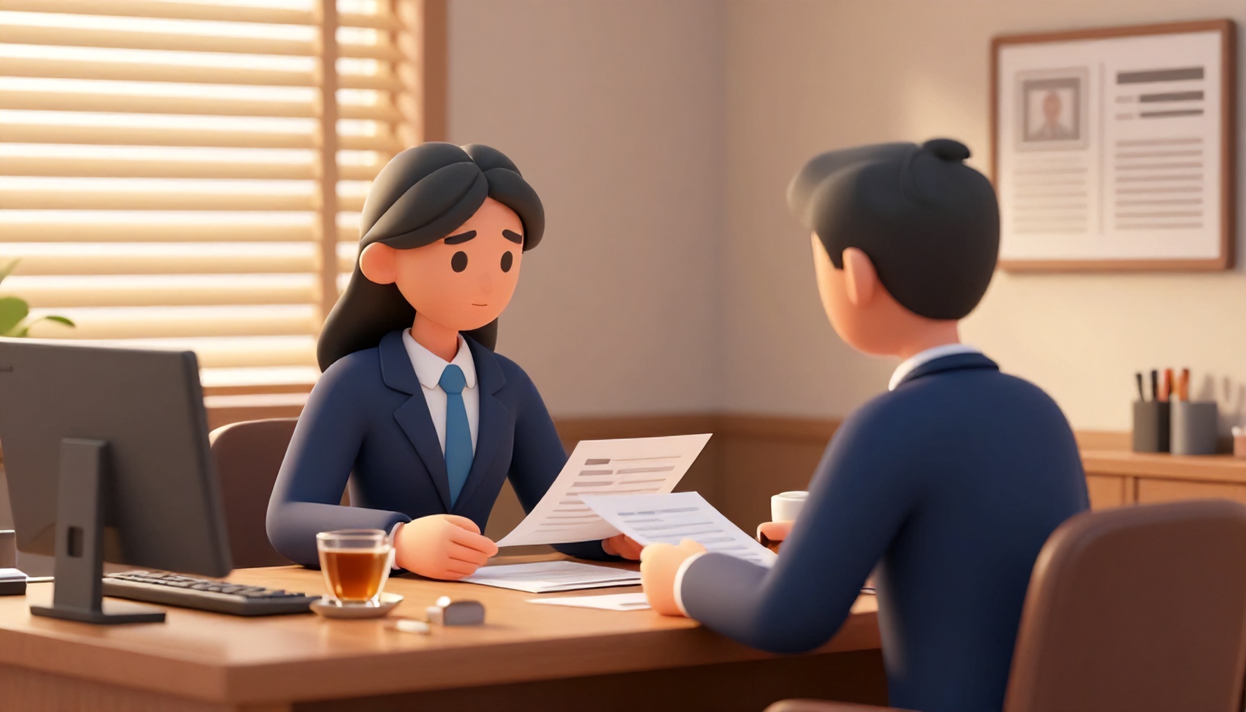 Sinema tarzı editoryal 3D illüstrasyon, Türkiye'de bir hukuk web sitesi için: Sıcak, yumuşak aydınlatmalı bir mahkeme salonu sahnesi, minimal yüzlü stilize 3D karakterler. İnsanlar ciddi bir tartışma içinde, bazıları ahşap sıralarda oturuyor, diğerleri hakimin kürsüsünün yakınında duruyor. Atmosfer sakin ve profesyonel, geleneksel mimarili Türk hukuki ortamını yansıtıyor. Derin lacivert ve sıcak altın paleti, yumuşak hacimsel aydınlatma, atmosferik derinlik. Kesinlikle yazı, kelime, harf, sayı, altyazı, logo, filigran, tabela, afiş, etiket, kullanıcı arayüzü, ekran, monitör, telefon ekranı, diyalog kutusu, açılır pencere, buton, menü, form, görünür yazı içeren belge ya da okunabilir sayfalı kitap yok. Temiz, yazısız sahne, sadece insanlar ve fiziksel ortam.