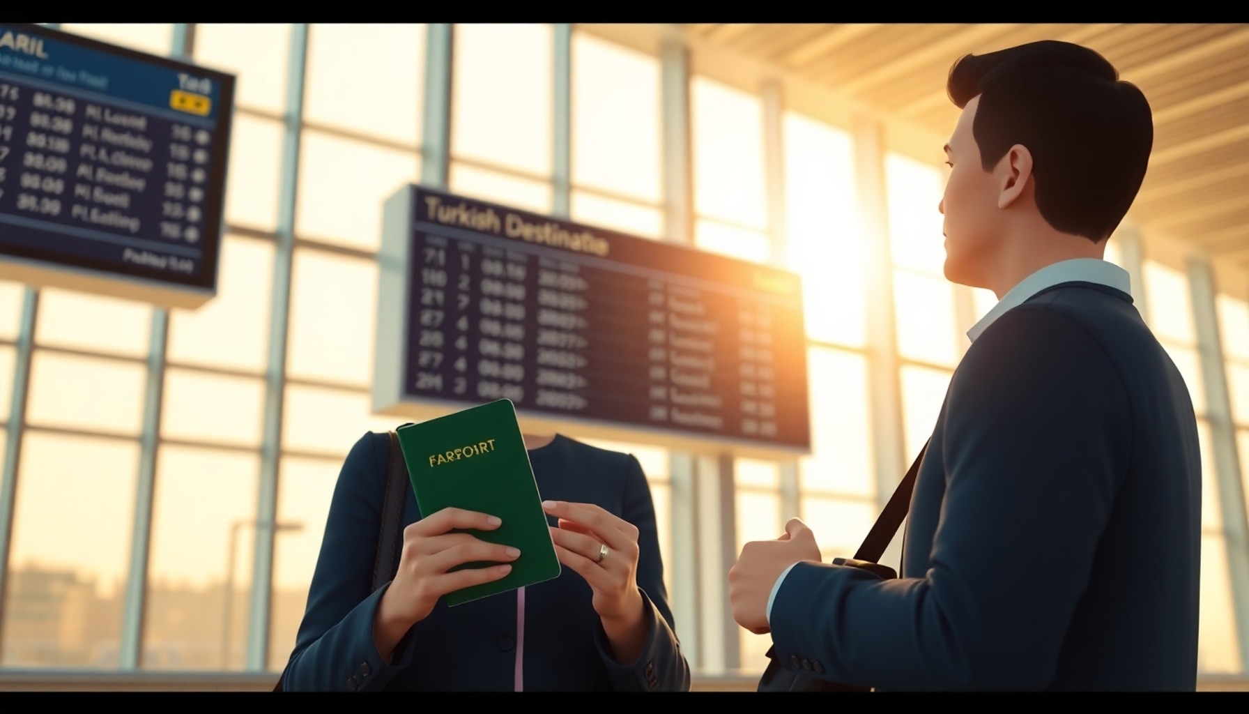 Yeşil pasaportlu çift havalimanı gidiş salonunda
