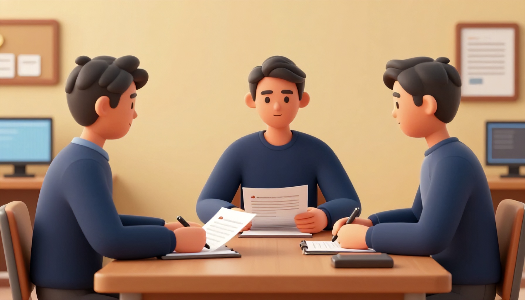 Sinema tarzı editoryal 3D illüstrasyon, bir hukuk web sitesi için: Özellikleri minimalize edilmiş, stilize edilmiş 3D karakterlerden oluşan bir grup, Türkiye'de sıcak ışıklandırılmış modern bir ofis ortamında ciddi bir tartışma içinde. Sahne, iş birliği ve hukuki değerlendirme hissi uyandırıyor; büyük pencerelerden doğal gün ışığı süzülüyor, ahşap mobilyalar ve sade dekoratif unsurlar profesyonel ama samimi bir atmosfer sağlıyor.