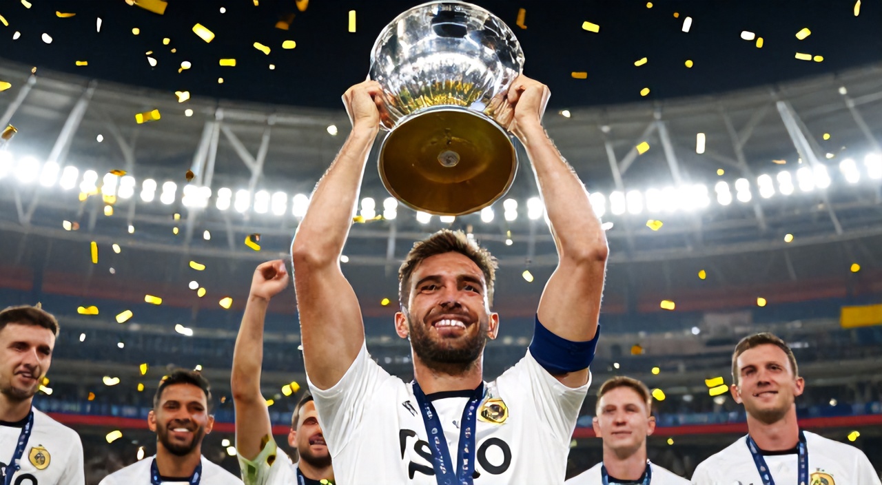 Konfeti altında kupa kaldıran futbolcu